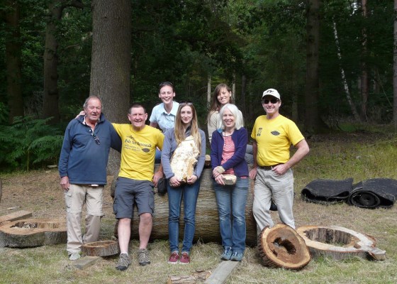 Launch of the Heart-Rot project at Windsor great Park. Fund4Trees trustees (yellow t-shirts) Mick Boddy and Martin Gammie, with Ted Green, Professor Lynne Boddy and Emma Gilmartin.