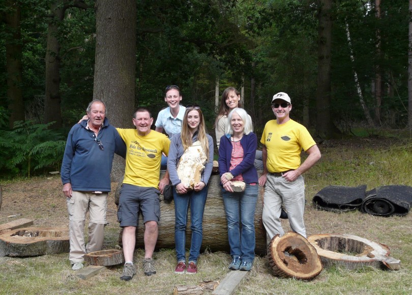 Launch of the Heart-Rot project at Windsor great Park. Fund4Trees trustees (yellow t-shirts) Mick Boddy and Martin Gammie, with Ted Green, Professor Lynne Boddy and Emma Gilmartin.