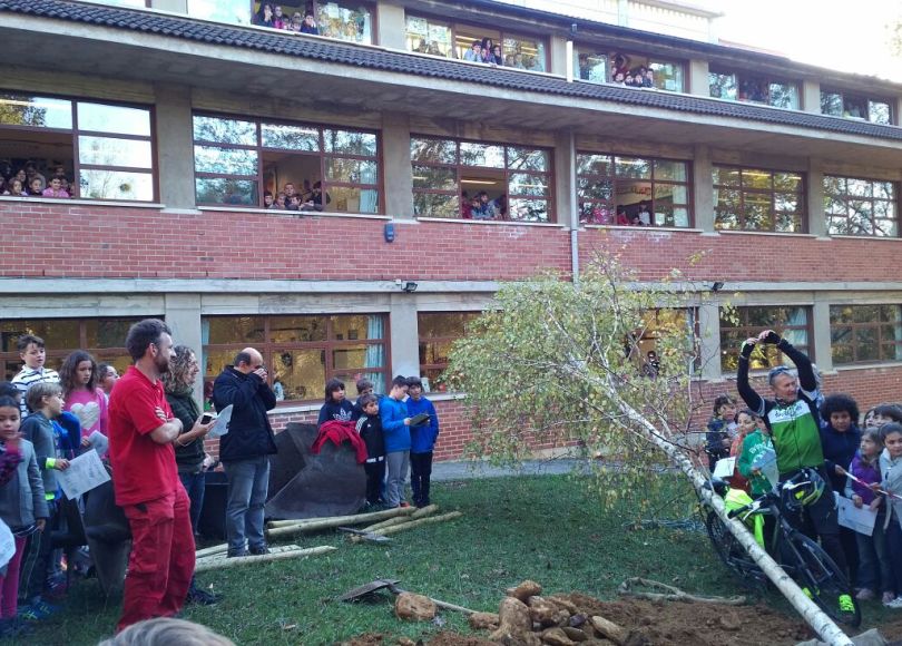 Russell Ball at a school during the 1,500 mile ride from Gibraltar to London