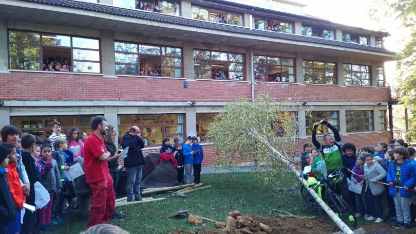 Russell Ball at a school during the 1,500 mile ride from Gibraltar to London