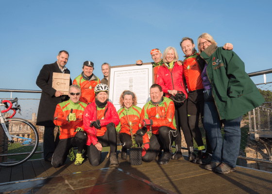 Fund4Trees peloton with the 2017 Charter for Trees, Woods and People, plus Matt Larsen-Daw and Beccy Speight of Woodland Trust, on the ramparts of Lincoln Cathedral